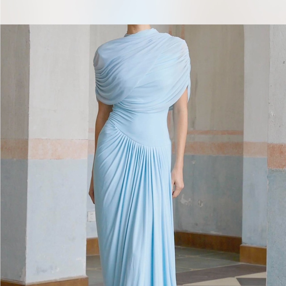 One-Shoulder Light Blue Draped Evening Gown